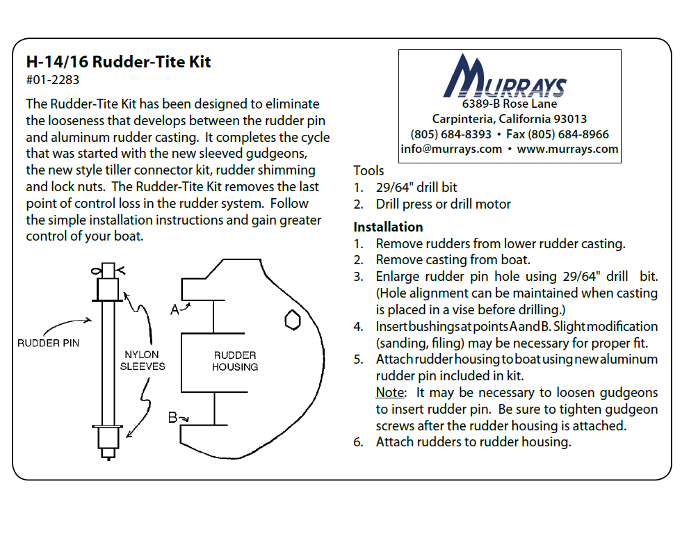 RUDDER PINS W/BUSHINGS H14/16
Aluminum rudder pins for a Hobie 14 and 16. Includes cotter pins and 4 rudder bushings.
Hobie part numbers: 20880001 and 8062001