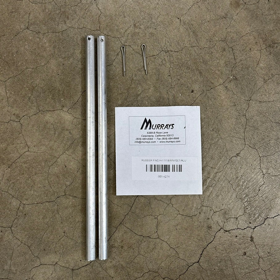 Rudder Pins H17/18 Stainless Steel
Murrays Part# 001-4273
Weight-saving compared to solid stainless steel pins, hollow stainless rudder pins with still beefy .065″ wall provide reduced wear and the good long-term durability. The universal stainless steel 3/8″ x 9-1/4″ rudder pins are suited for; Hobie 17/18/20 rudder castings. Also used on older Hobie Wave and Getaways with metal rudder castings.
Cotter pins are included.
Alternative to Hobie Cat® #60880011.  (* Pre EZ LOC Rudder c
