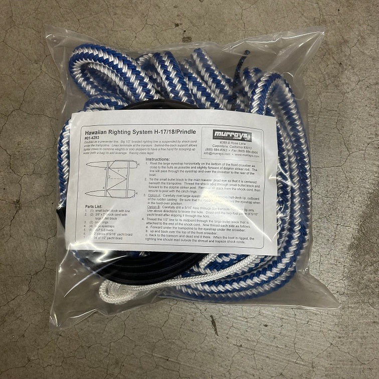 Hawaiian Catamaran Righting System H17/18/Prindle
Murrays Part# 001-4293
The Hawaiian Catamaran Righting System doubles as a preventer line. Big 1/2" braided righting line is suspended by shock cord under the trampoline. Lines terminate at the transom. Behind-the-back support allows lighter crews to combine weight or solo skippers to have a free hand for scooping up water (as with the Bucket Up Righting Aid) to add leverage. Racing class legal.
