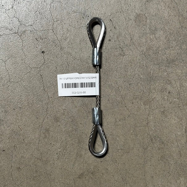 H-16 UPPER FORESTAY 5/32 BARE
Murrays PN 002-0235-00
Upper forestay for The Hobie® 16 is constructed of 7x19 - 5/32" bare wire to factory specifications. Compare to Hobie Cat® #20810011.
This part is used as part of the classic halyard/ forestay configuration and it holds the stainless pulley that the jib halyard cable attaches to.
This will also work to hold your Aussie halyard block assembly.