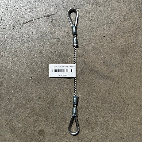 Aussie Jib Halyard Pigtail
Murrays PN 002-0284-00R
Jib halyard pigtail for the Aussie system on a Hobie 16.  Constructed with 1/8" 7x19 bare wire.
Compare to Hobie part number 20810041.
This model is built to the 2009 factory spec.
Often paired with a 28-0186 Harken Fiddle Block.