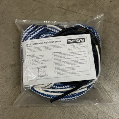 H14/16 Hawaiian Catamaran Righting System
Murrays Part# 001-3293
The Hawaiian Catamaran Righting System doubles as a preventer line. Big 1/2" braided righting line is suspended by shock cord under the trampoline. Lines terminate at the transom. Behind-the-back support allows lighter crews to combine weight or solo skippers to have a free hand for scooping up water (as with the Bucket Up Righting Aid) to add leverage. Racing class legal.