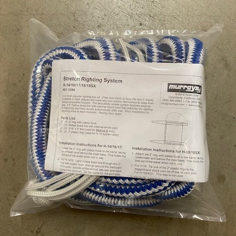 STRETCH RIGHTING H14/16/17/18
Murrays Part# 001-3294
The Murrays Stretch Righting Kit is our most popular righting line kit for catamarans such as Hobie® 14, 16, 17, 18 and 18SX. If the bow starts to bury, the line is readily available to both skipper and crew who can anchor themselves to keep from being catapulted forward. This beautifully simple system features easy-to-grip, 1/2" hollow braid line with internal shock cord that stretches for righting or trapezing and then recoils automatically