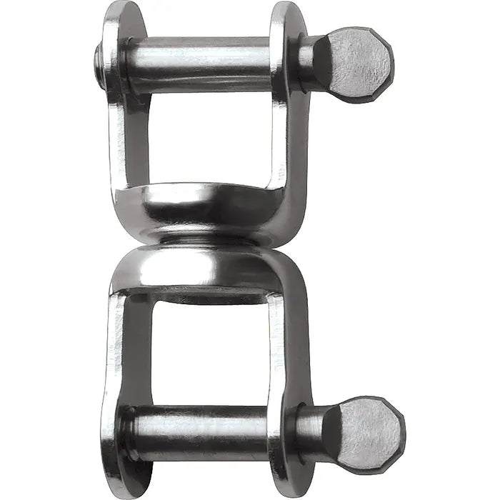 Ronstan Swivel Shackle 3/16" (Jaw/Jaw)
Murrays Part# 21-0120
Ronstan's swivel shackle has 3/16" diameter pins and 1430 lb. breaking load. Bodies and pins are constructed of grade 316 stainless steel. 1-1/4" length from centers of pins. Weighs .7 oz.
Specific Details:
A (in)	3/16
B (in)	15/32
C (in)	1 1/4
E (in)	11/32
Ronstan Part# RF120