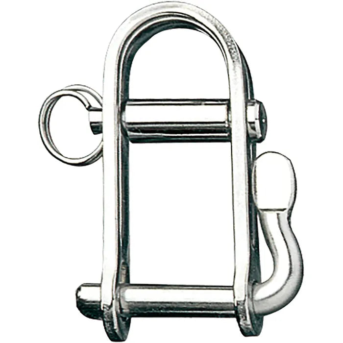 Ronstan Halyard Shackle, 1/4" Pin
Murrays Part# 21-1033
The Ronstan Halyard Shackle with Twist Pin's main advantage is that you cant loose any of it once its attached. The top pin holds it on and the bottom pin dose not come out. Never loose your shackle pins again!
The 1/4" Halyard Shackle with Twist Pin is used in the following Murrays Products: 02-4383-50 N-5.5SL Jib Halyard w/Shackle