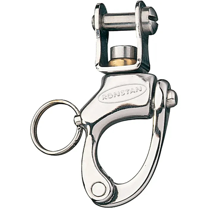 Ronstan Swiveling Fork Snap Shackle 72mm
Murrays Part# 21-6130
Top quality Ronstan stainless steel swiveling tack shackle with 1/4" clevis pin features heavy duty plunger springs and precision components to ensure dependable service. Body and hasp profiles are designed for easy clearance of lines and fittings when released. High strength-to-weight ratio.