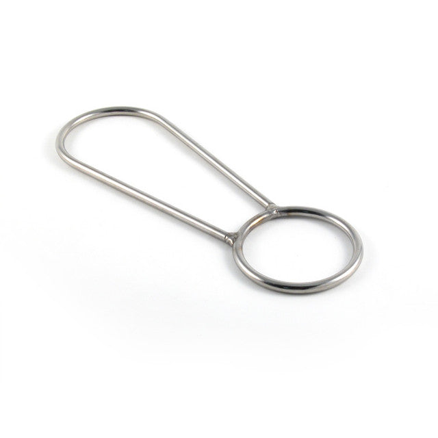 ELONGATED TRAPEZE RING
Large trapeze ring made of solid 316 stainless steel for strength and longevity.
AKA: dog bone, harness ring, harness loop, trap ring, trapeze ring. 
Hobie part number 2002, compare to Hobie part number 2001
Length: 7-1/2"