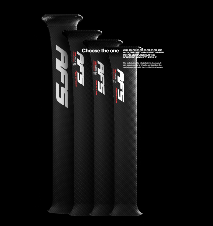 The plate is directly integrated into the mast and can be connected to almost any board with US track system. Ready for use in Surfing, Down winding, Winging, Kiting and SUP foiling. The AFS UHM Carbon Masts are available in 75cm, 80cm, 85cm and 95cm.
Featuring a Chord length of 115mm and thickness of 13.5mm The new Fuse Link UHM masts excel at enhanced glide, while being very stiff.