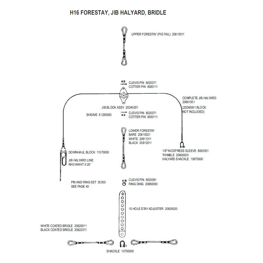 Hobie 16 forestay and jib halyard parts chart