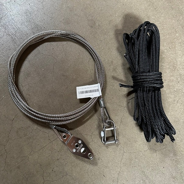 This is for use on the classic style Hobie 16 jib halyard system with a short upper forestay and metal pulley up near the mast tang that was standard in the 70s, 80s and early 90s.
There are 2 styles of Hobie 16 jib halyard. This wire Hobie 16 jib halyard works with the old style upper and lower forestay and the metal halyard pulley. The 2nd style is the Aussie jib halyard with it's parallel forestay and jib halyard that became stock in the mid 1990s.
Compare to Hobie Part# 20661001