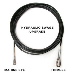 H17 Shroud 1/8″
The H17 Shroud 1/8″ is a single shroud for Hobie® 17 constructed with 1/8″ wire to factory specifications. Each. Choose from White or Black wire coating. Purchase two to ensure equal lengths.
Thimble/marine eye upgrade Hydraulic swaging produces a cleaner, stronger shroud. A marine eye is installed at the bottom end fitting where breakage commonly occurs. Electrolysis is reduced because both wire and marine eye are stainless steel. Wire manufacturers recommend stainless steel marine