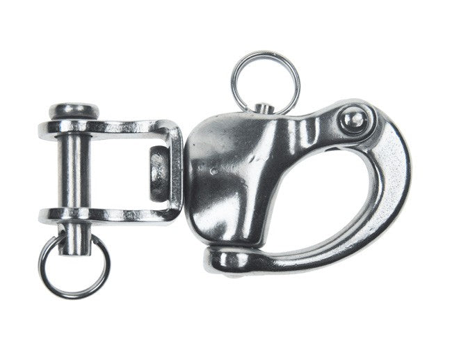 Snap Shackle With Tack 1/4"
Murrays Part# 22-4501
Swiveling tack shackle with 1/4" clevis pin. Use on hexaratchets on Hobie® 18, Nacra or Prindle. To connect the swivel shackle to an item that requires a 3/16" clevis pin, you will need a 3/16" clevis pin with 7/8" shaft. Also convenient for the jib tack connection on Nacras and Inters.