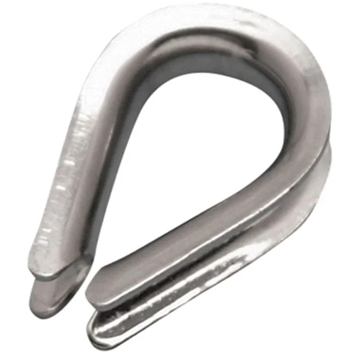 Thimble 5/32" - 3/16" Stainless Steel
Murrays Part# 001-0036
Stainless Steel Light Duty Wire Rope Thimbles are designed to provide basic reinforcement and protection for wire rope loops.  These thimbles are use on Hobie. Nacra, Prindle and most other beach catamaran rigging. Halyards, shrouds, bridles, and trapeze wires.
Type 316 Stainless Steel is a high-performance alloy known for its superior resistance to corrosion, especially in environments exposed to saltwater, chemicals, and extreme weather.