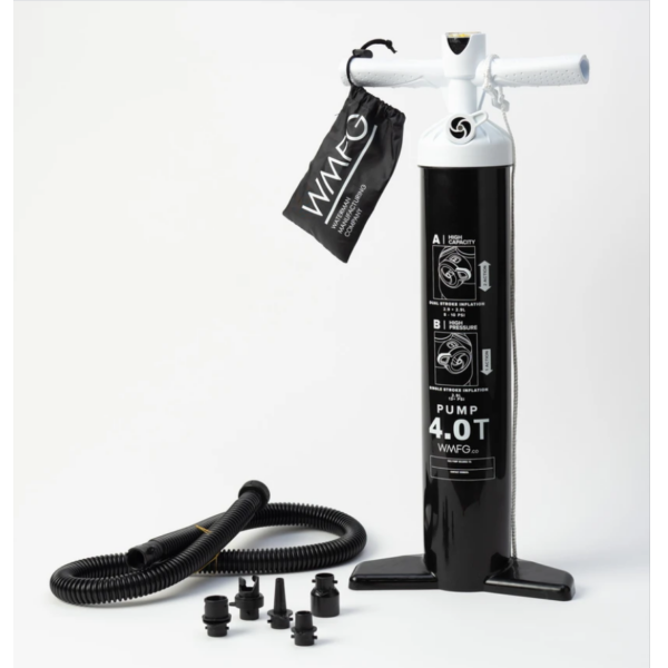 NEW, IMPROVED 4th GENERATION WMFG TALL KITEBOARD PUMP.
Height: 24"/61cm (Extra Tall!)
Diameter: 4"/10cm
Capacity: 2.9L/Stroke
As the originator of the big, tall, oversized, kiteboard pump WMFG is proud to introduce the third generation pump 4.0T! WMFG was the first "tall" kite pump on the market and has always been the most feature-rich, kite pump with the best selections of nozzle, the best hose available, and at the leading edge of pump tech. The new and improved extra big, tall, high volume 4.0T