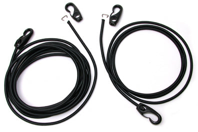 Trap Shock Cord Kit: H20
Murrays Part# 001-0131
A trapeze shock cord is an absolute necessity because it keeps the trapeze system in place and ready for hook-up. One hook connects to either the thimble on the trapeze wire or the adjustment line, then runs under the tramp and connects to the other side in the same location. Our shock cord kit comes with one plastic carbine hook installed; the other hook is installed after lacing shock cord through trampoline grommets. Kit includes two lengths of 1/4" shock