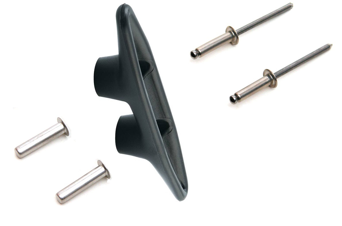 Halyard Cleat Kit with Rivets
Murrays Part# 001-1019
The Murrays Halyard Cleat Kit with Rivets pulls the halyard out of the way to keep the battens from hanging up on the halyard of an H16. The kit includes the halyard cleat and sealed stainless rivets. Center-to-center hole spacing is 31mm. *Photo is out of date and kit no longer comes with casings as the rivets that are included come sealed. Compare to Hobie Cat Part 10730000