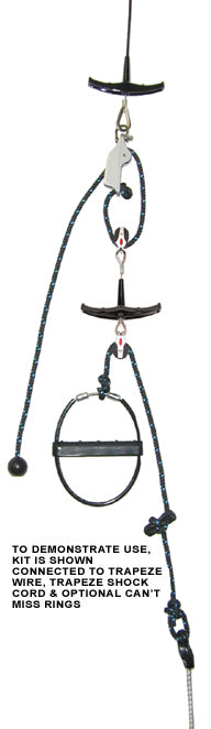 Hi-Low Trapeze Adjustment Kit with Handle
Murrays Part# 001-1140
Simple and adjustable on the fly, with constant upward tension on the trapeze ring and separate on-the-wire height adjustment. Easy to hook up and hike out with no initial adjustments. Very low stretch lines and Ronstan® turning blocks and aluminum Clamcleats® with roller fairleads for 2:1, easy-pull, easy-release height adjustment. Crew can move fore or aft while maintaining proper height. Constant, smooth-action tension on the trapeze ring