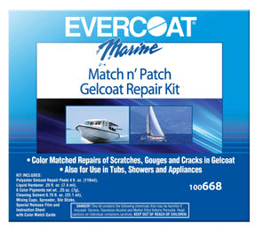 Gel Coat Repair Kit
Murrays Part# 007-1601
Evercoat's handy Marine Match 'n Match Gel Coat Repair Kit permanently repairs nicks, gouges and scratches in fiberglass hulls and decks. Blends hundreds of color combinations and cures glass-hard in one hour.