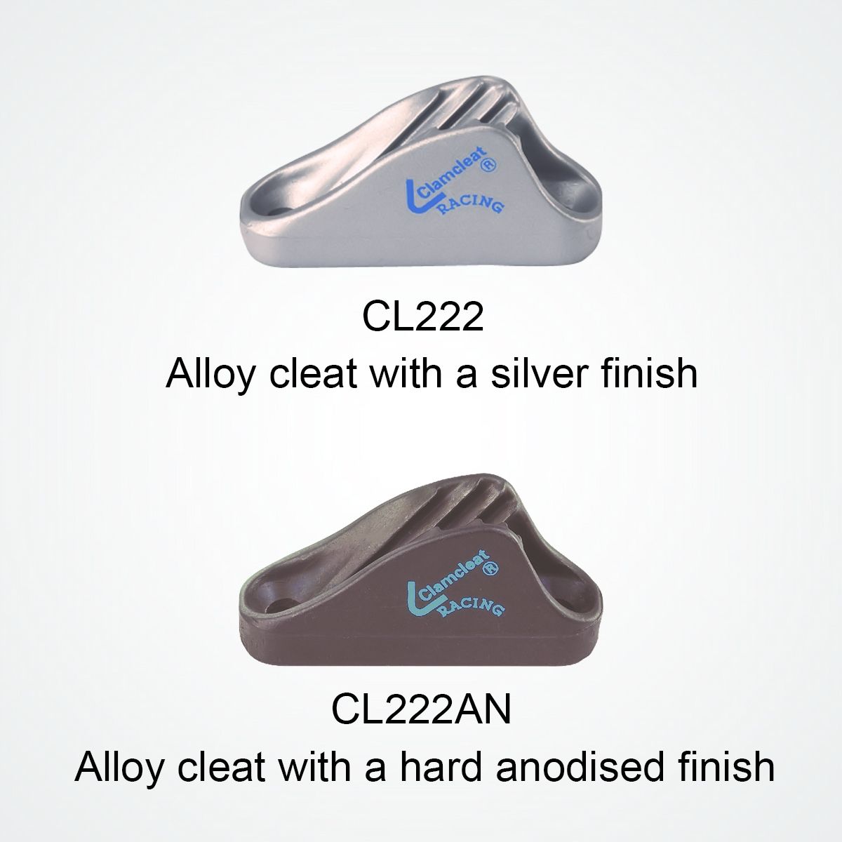 Clamcleat Racing Mini
Murrays Part# 27-1222
The CL222 Racing Mini aluminum Clamcleat® is small, neat and lightweight and can be fixed to horizontal or vertical surfaces. It is a very useful cleat for small dinghies, and is also used in kiteboarding on bars and for adjusting the 5th line on kites.