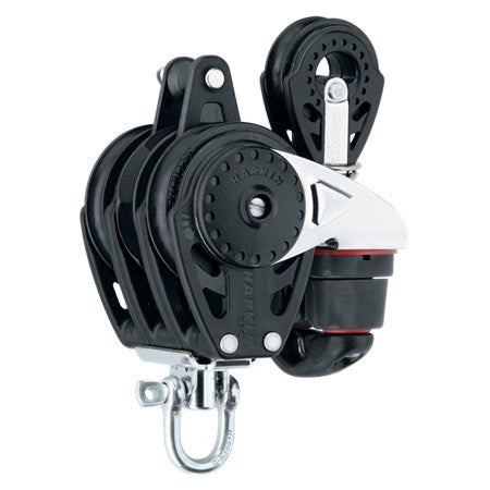 Harken 57mm Triple Ratchamatic® Block-Swivel, Cam Cleat, 40 mm Block
Murrays Part# 28-2632
The Harken Carbo Ratchmatic® is a load-sensing ratchet block that rolls freely in both directions under low loads, and automatically engages the ratchet as loads increase. Shifting between ratchet and light air modes is seamless. Unloaded, the sheet runs freely during mark roundings and jibes. Ratchet engagement may be adjusted to a higher or lower load according to strength and sailing style.
