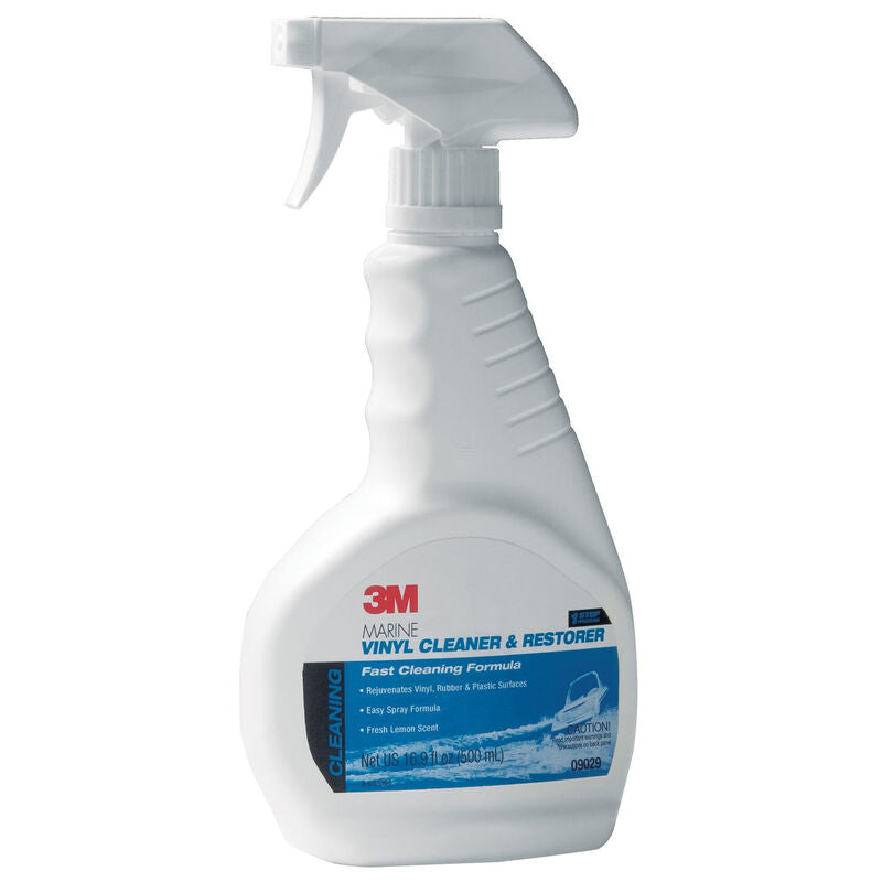 3M Vinyl Cleaner and Restorer is a marine grade cleaning wax that cleans, shines, conditions and protects in one easy step. Deep cleans dirt and grime from vinyl, rubber and plastic surfaces, while leaving behind a natural carnauba wax protective coating. Fresh lemon scent. 15 oz. trigger spray.