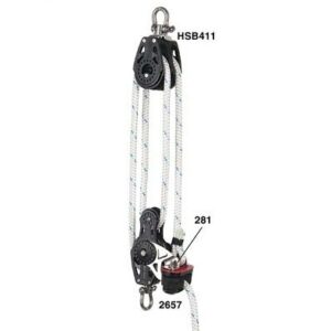 Wave 4:1 Main Sheet System
Murrays Part# 28-041
The Murrays Hobie low profile 4:1 main sheet system for the Hobie Wave. By Adding a fairlead to the back side of the cleat on the base block we have made a low profile main sheet system that no longer needs a becket on the base block. We have also replaced the upper fiddle block with a double block which makes it even more compact. The result is a lightweight, low profile and very strong, made with 40mm Harken Carbo AirBlocks. 