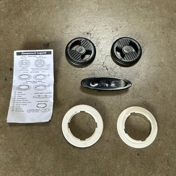 Gath Universal Audio Vent

Murrays Part# 52-0080



Replacement Gath helmet audio vent. Compatible with all Gath Neo, SFC, Gedi and EVA models. The only helmet it doesn't fit is the Retractable Visor model.

Gath replacement Audio Vents includes includes:

- 2 Audio Vents

- 2 Inner Flanges

- 1 Audio Vent Spanner Installation tool

- Fitting Instructions sheet.