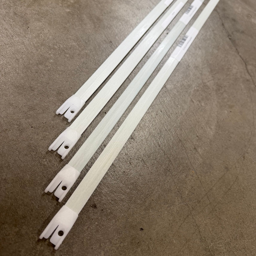 The H-16 Jib Batten Set includes 4 Hobie 16 jib battens. Your choice of white Trentec batten caps or black Hobie leech caps. Luff caps are not included.&nbsp; Slightly diamond/oval profile fiberglass battens.

Current Batten Lengths: 30″, 44″, 58″, 67″
Compare to Hobie part number 82070001 and 82080001