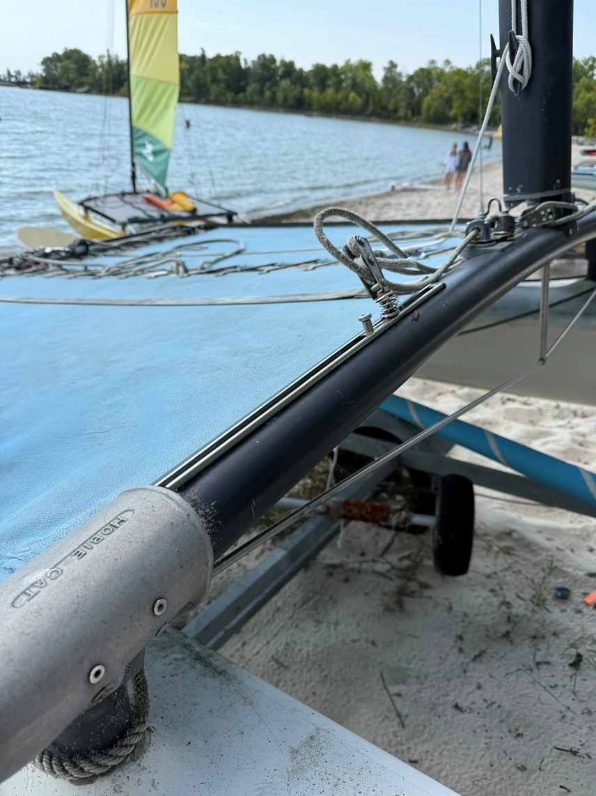 Murrays Hobie 16 Jib Traveler car.  Jib Sheet.  Hobie 16 front crossbar. Jib track, corner casting, blue trampoline