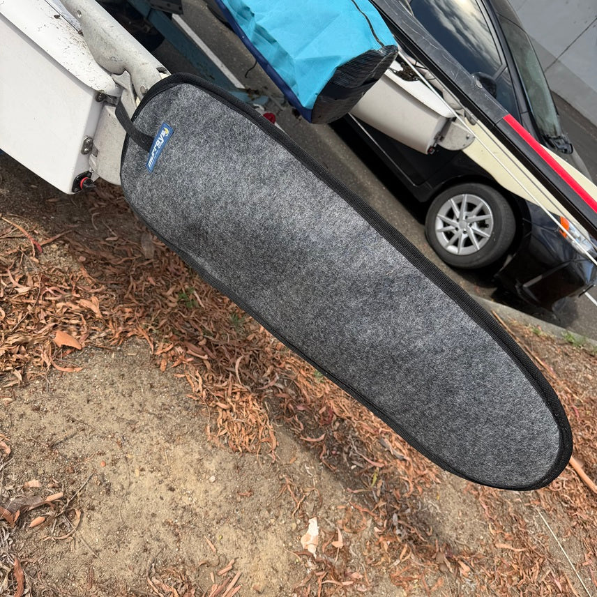 The Murrays rudder covers are constructed of durable, UV stable, padded material to protect your rudders from dings, nicks and grime. The red color helps with visibility when trailering. Straps with sturdy buckles keep the covers firmly in place, even when traveling.

Our covers are made in the USA from a durable and breathable fabric. The carpet helps keep any sand and debris from being pushed into the rudders and the porous fabric allows water to drain and escape! This reduces mold and corrosion.
