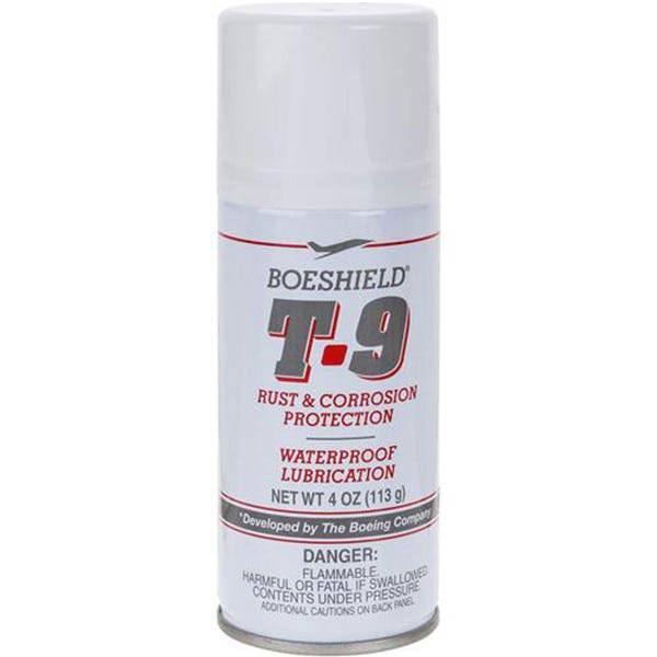 T-9 Boeshield 4oz was developed by The Boeing Company for lubrication and protection of aircraft components. It is a combination of solvents, lubricants, and waxes designed for penetration, moisture displacement, lubrication and protection. Boeshield T-9® dries to a thin waxy film that clings to metal for months. It will loosen rusty and corroded parts and is safe on paints.