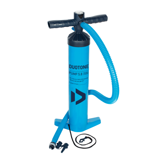 The Duotone XL Kite Pump is all new and has a more flexible hose than ever. The XL pump pushes 3 liters of air per stroke which is significantly faster than a standard 2L pump, so you can get out on the water faster. The taller height also means you don't have to bend over as far while pumping, allowing a more ergonomic pumping action.
