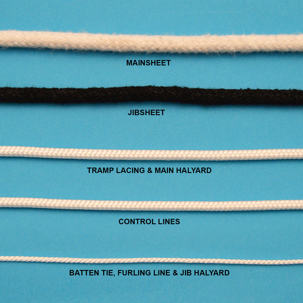 The Murrays Hobie 18 line package contains all the lines on a Hobie 18.  We use Mainly Robline Neptune 500 for the sheets and Pelican VLS, Very Low Stretch, for the control lines.

Main Sheet

Jib Sheet

Daggerboard Handles

Outhaul

Downhaul

Mast Rotation

Main Halyard

Trampoline Lacing Lines

Trapeze Adjustment Line

Batten Ties

Roller Furline line

Jib Halyard

Jib Luff Tension Line